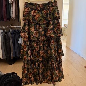 Free People Rose Print Maxi Skirt - Olive and Rust